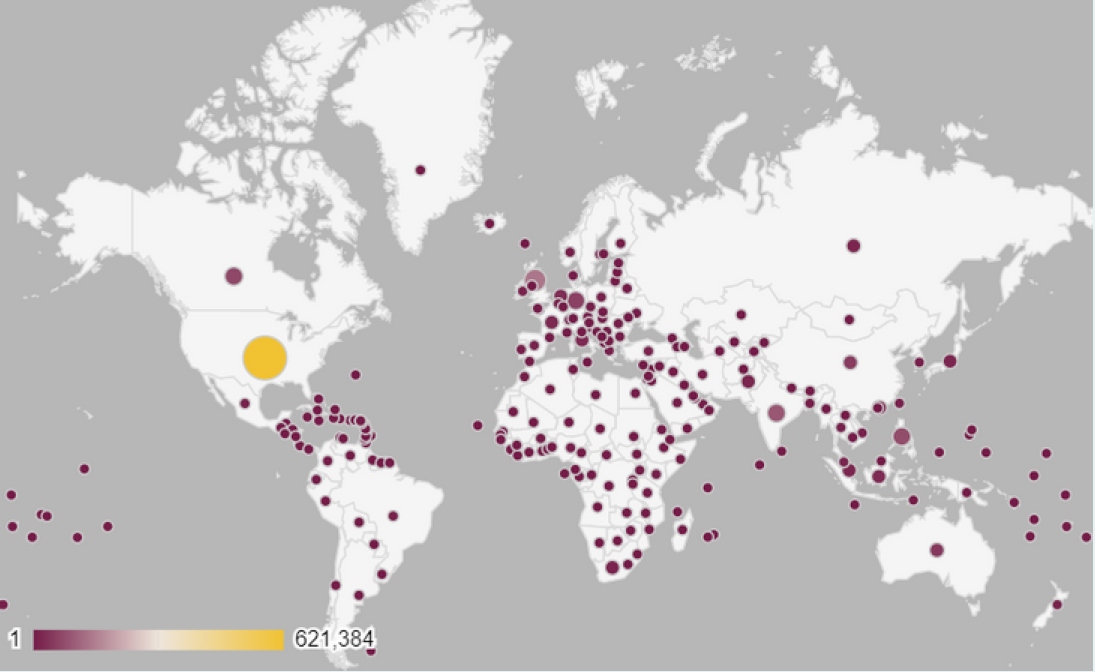 Map showing usage distribution by country. In 2022, users from 227 countries and territories explored our ebooks.  (Source: Data from the Open Access Books Dashboard, from The Book Analytics Dashboard Project (2022-2025), funded by the Mellon Foundation)